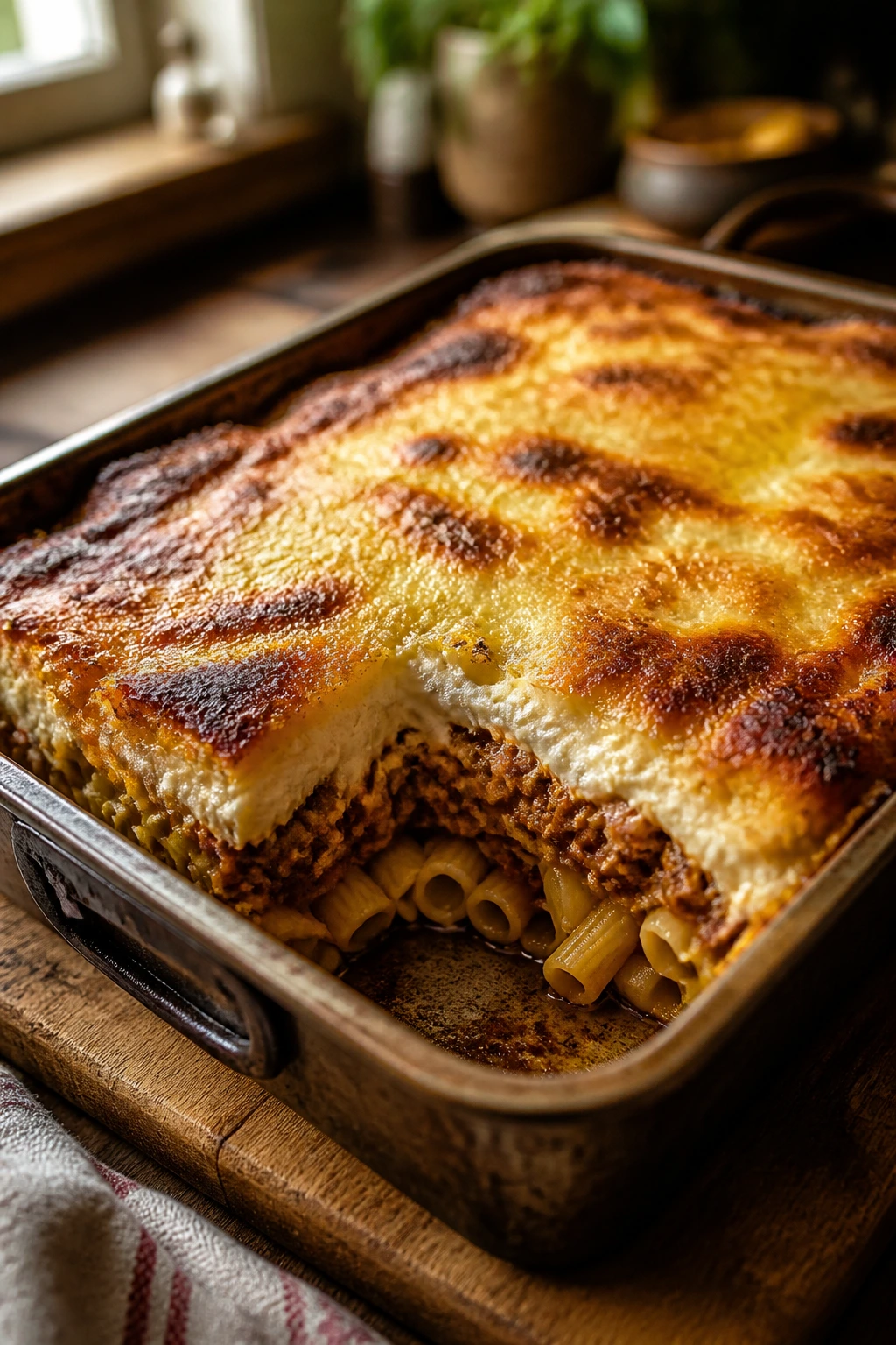 Close-up of golden-brown pastitsio slices in a baking pan on a rustic kitchen counter