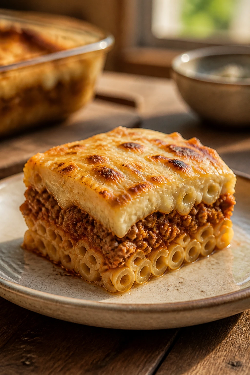 Single square slice of pastitsio on a rustic plate showing cross-section layers