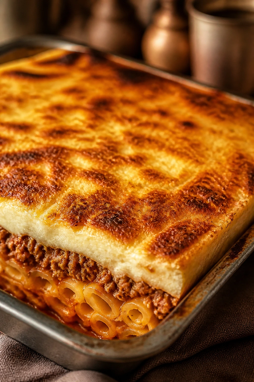 Golden crusted pastitsio variation in a baking dish