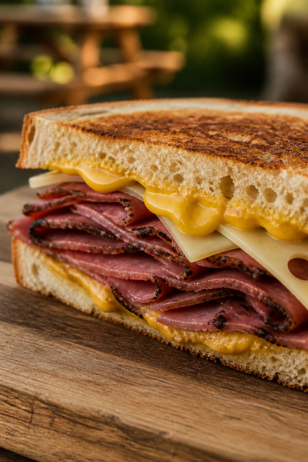 Cross-section of pastrami on rye with mustard, outdoors