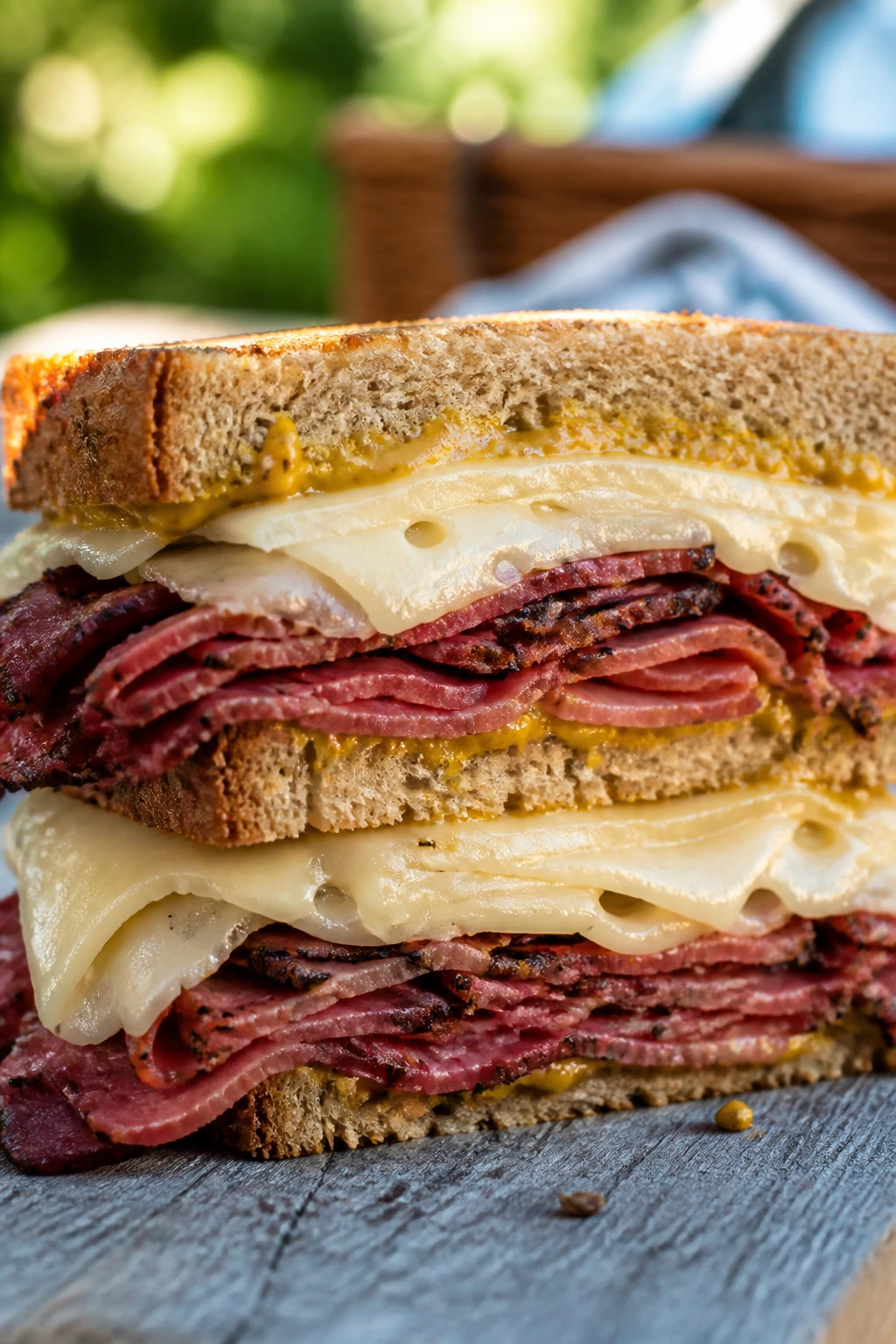 Cross-section pastrami Swiss cheese sandwich on rye at a picnic
