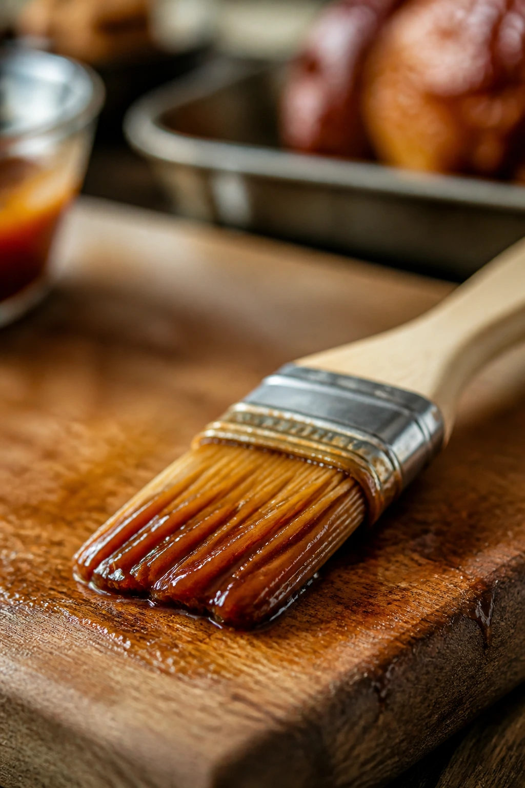 Pastry brush with glaze on bristles in kitchen