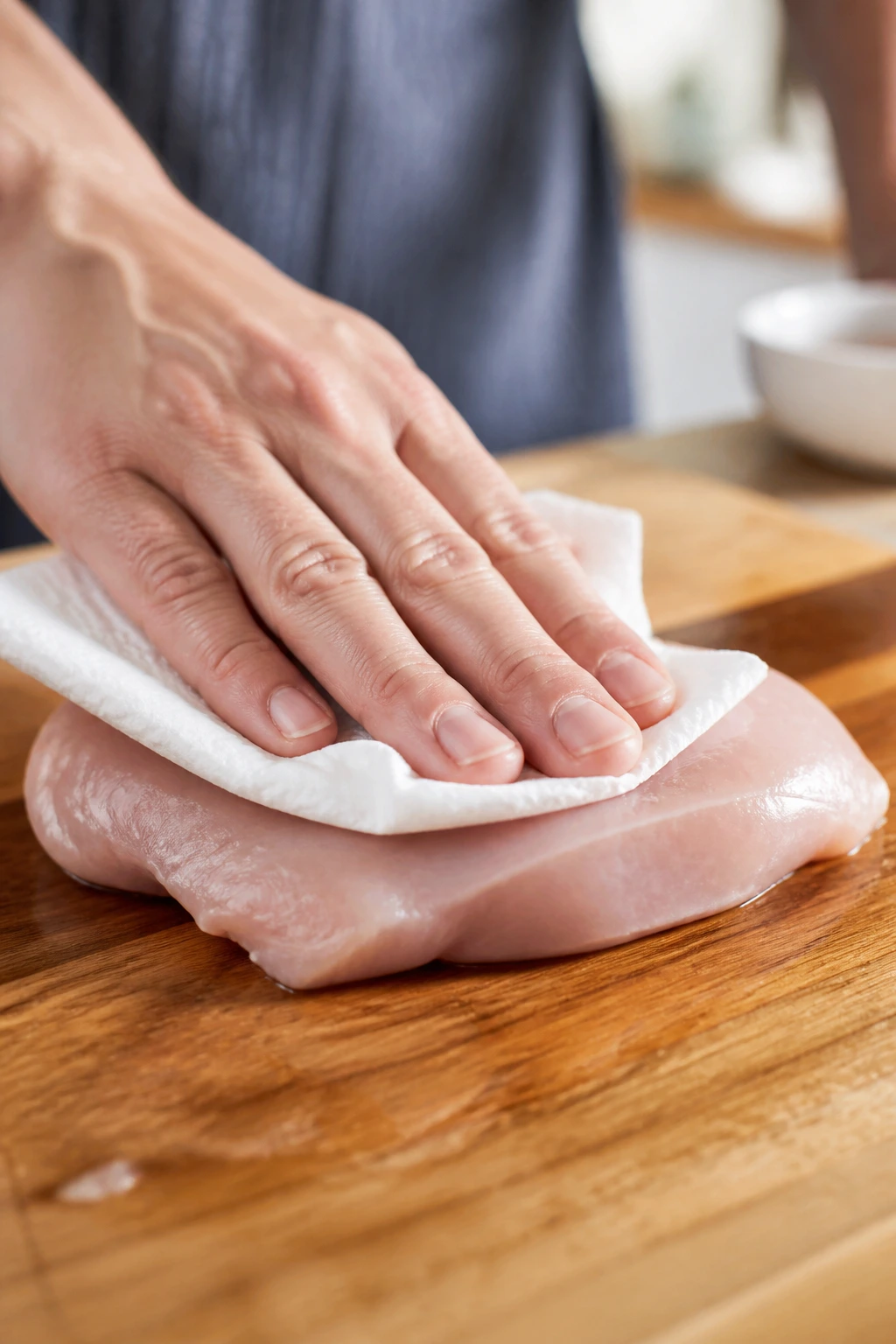 Hand patting dry a raw chicken breast on a cutting board