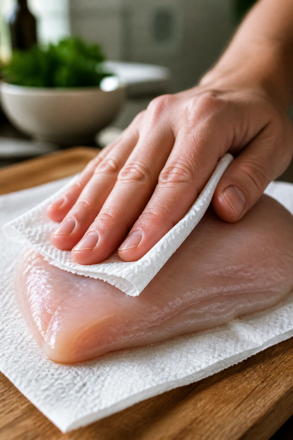 Chicken breast being patted dry on cutting board to ensure even browning
