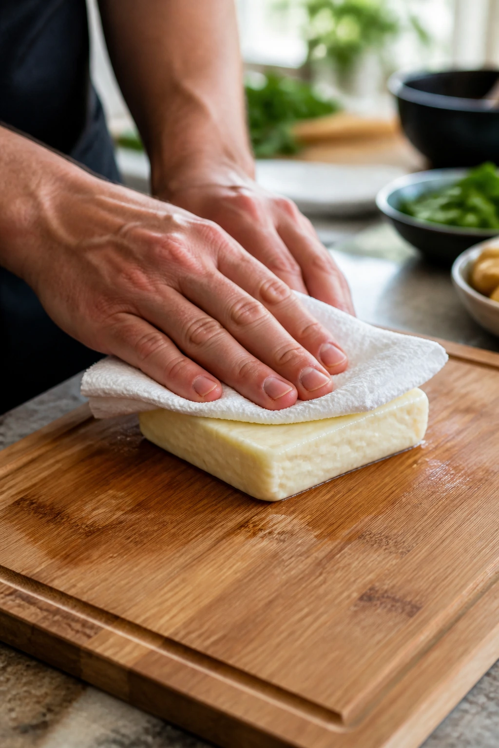 Hands patting dry halloumi on cutting board