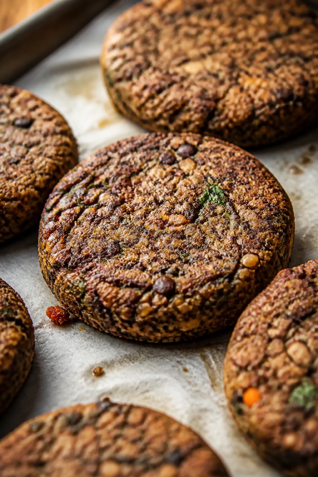 Formed veggie burger patties on parchment before cooking