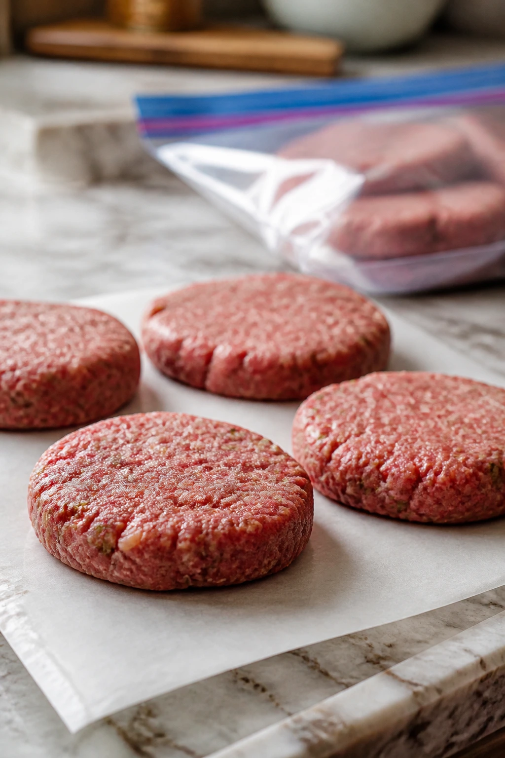 Raw burger patties on parchment ready for freezing in a home kitchen