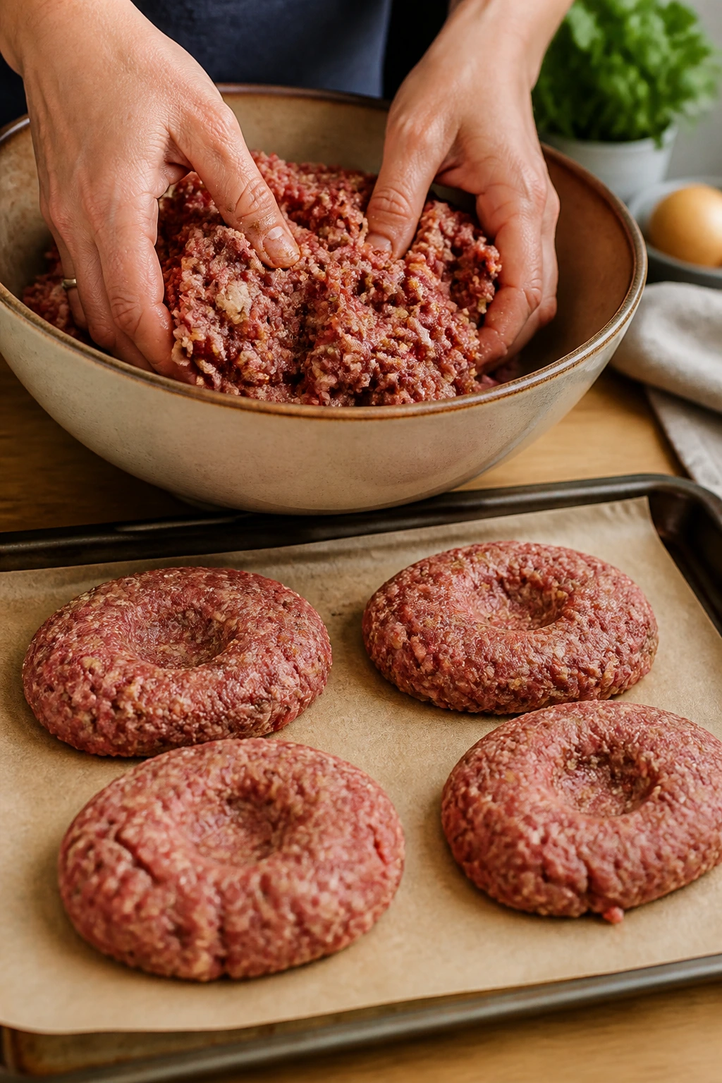 Close-up of rough ground beef being mixed to form four oval hamburger patties in a home kitchen