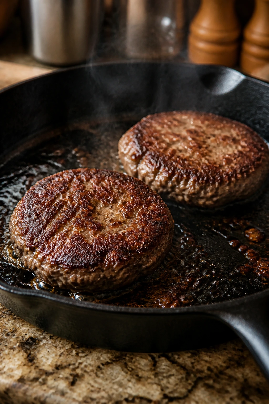 Close-up of two hamburger patties browning in a hot skillet with a dark brown crust