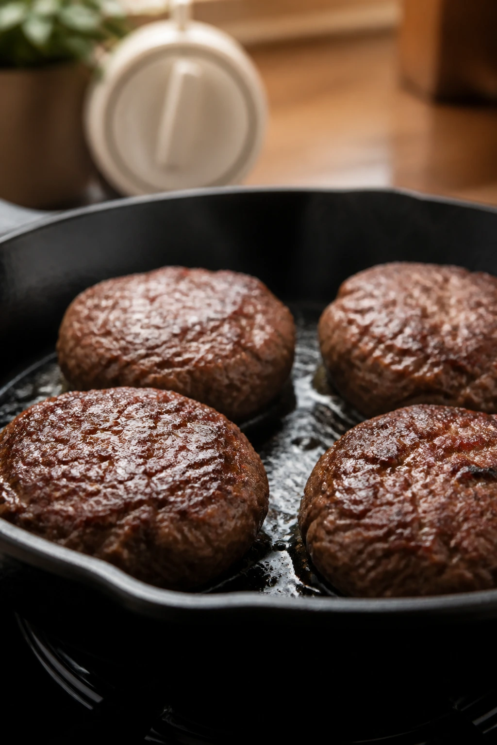 Four burger patties in a skillet with a blurred timer in the background