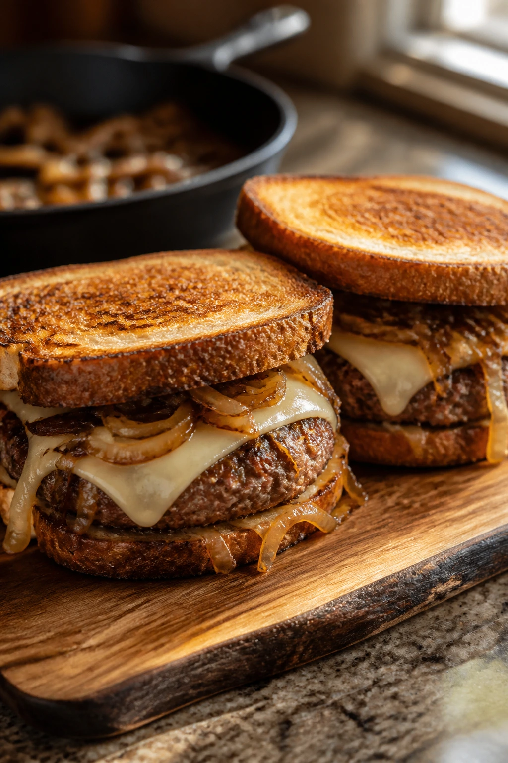 Close-up of patty melt burgers on rye bread with Swiss cheese and caramelized onions