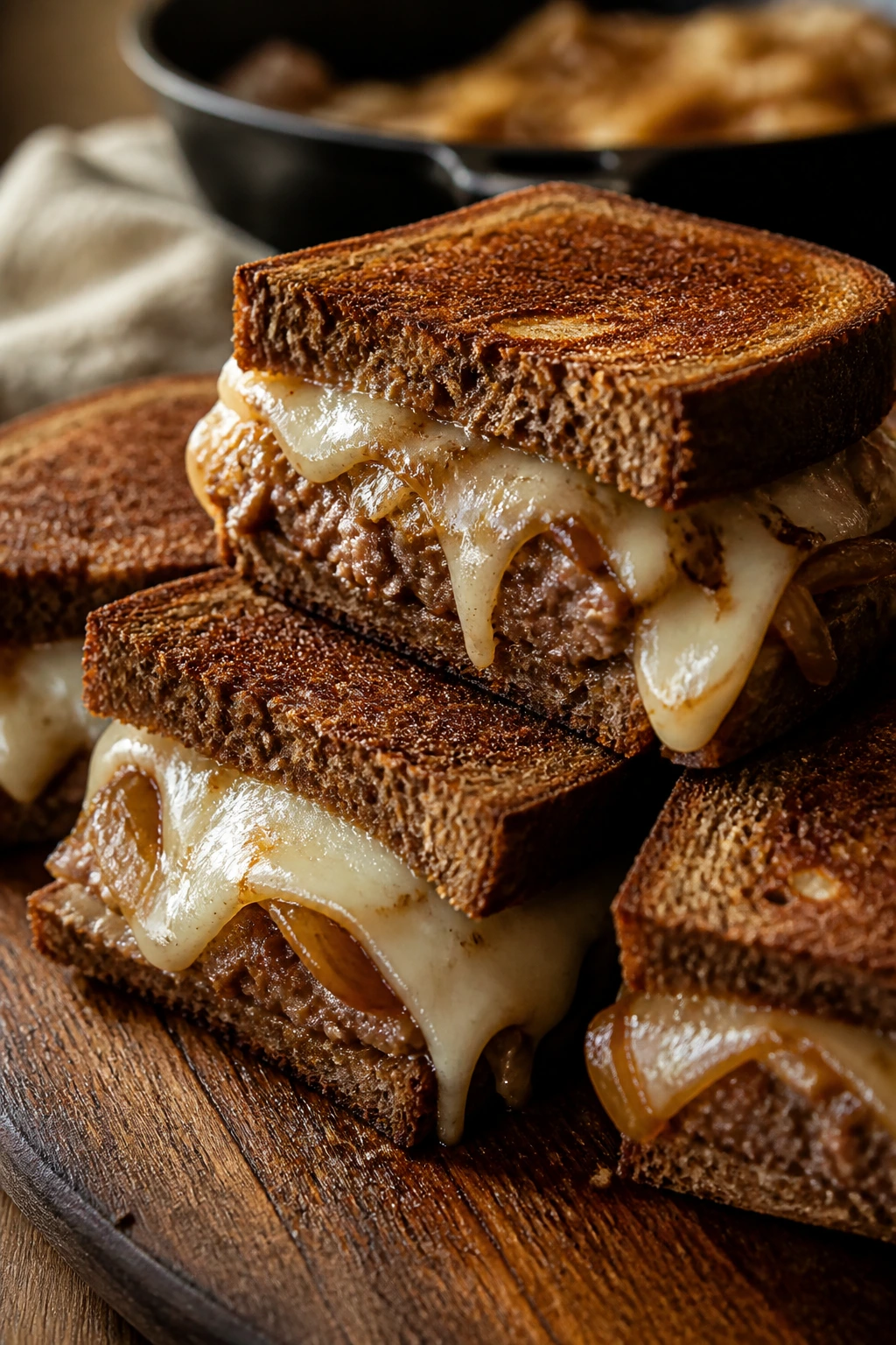 Close-up of Patty Melt Sliders on Rye with caramelized onions and melted cheese
