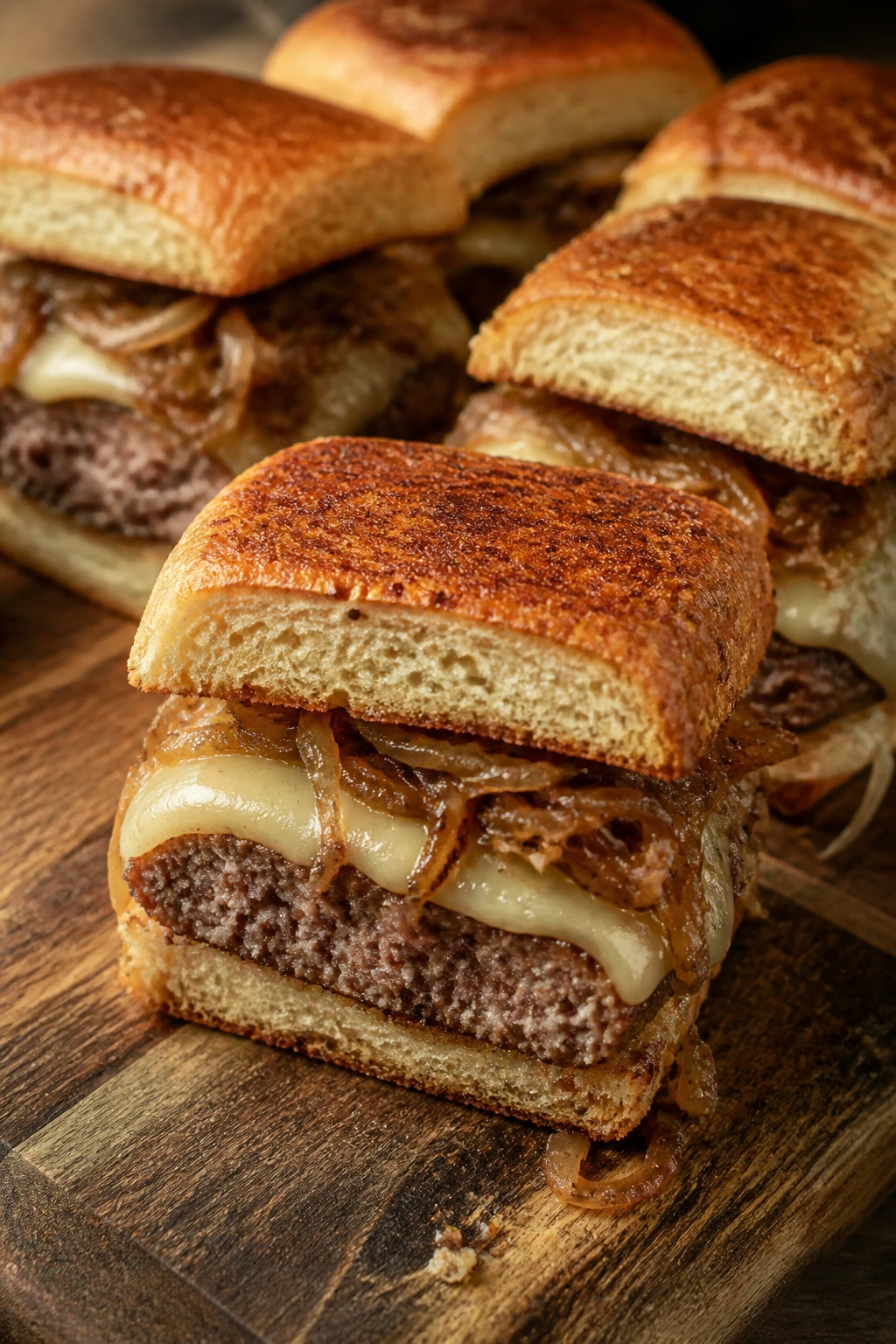 Patty melt sliders on rye rolls close-up