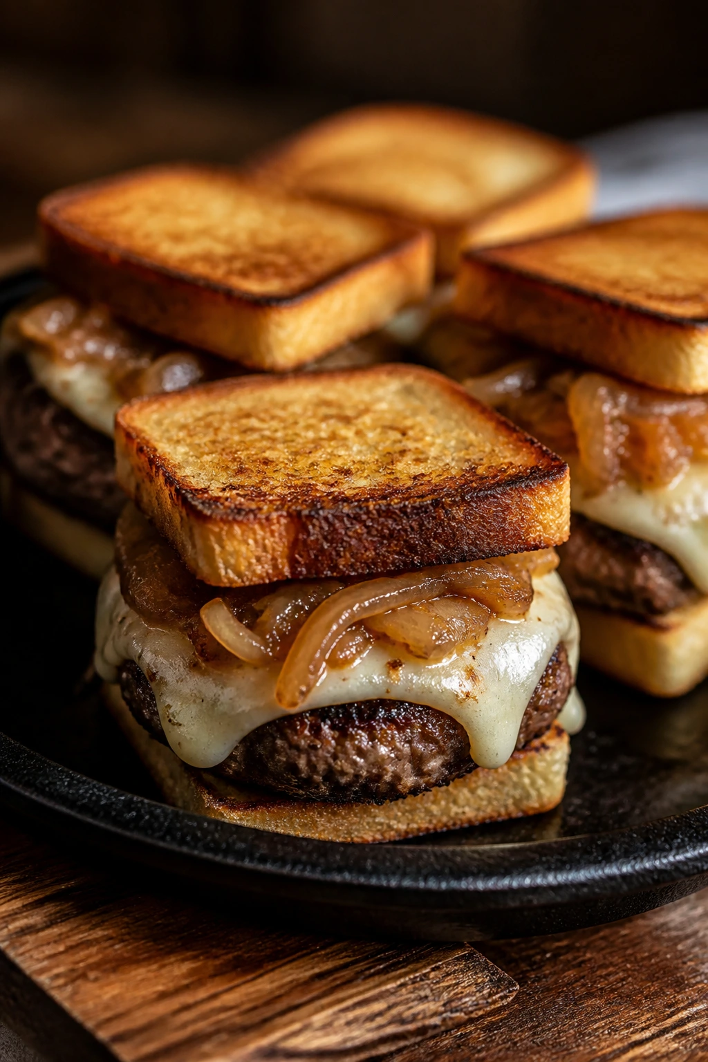 Patty melt sliders with onions and Swiss cheese on rye buns