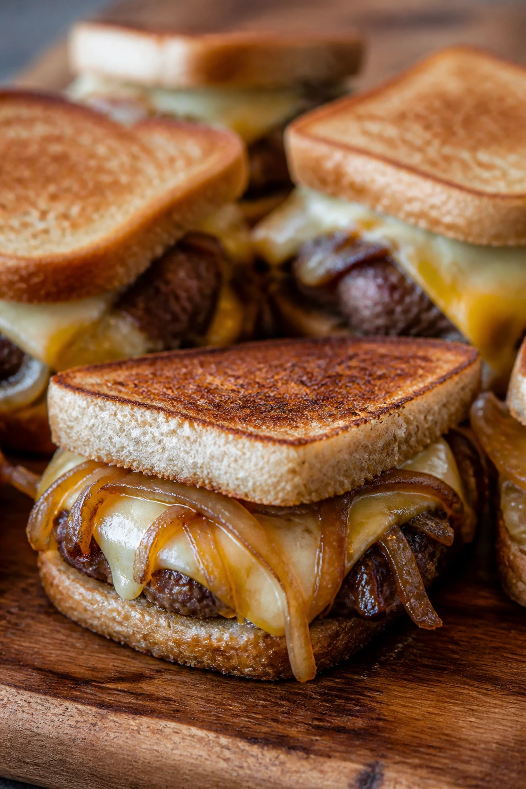 Close-up of Patty Melt Sliders on Toasted Rye with onions and melted cheese