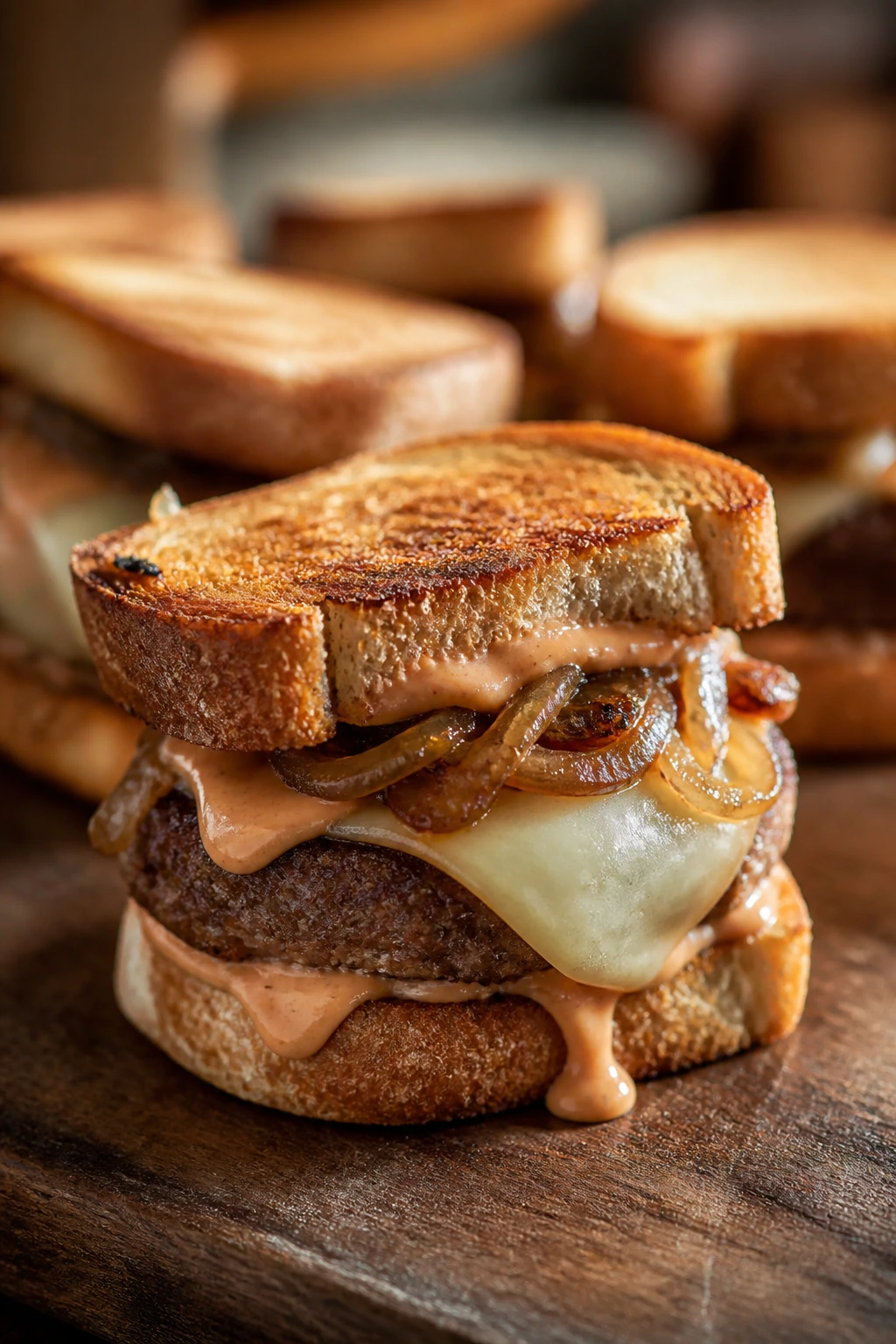 Close-up of a patty melt mini burger on rye with onions and Swiss cheese