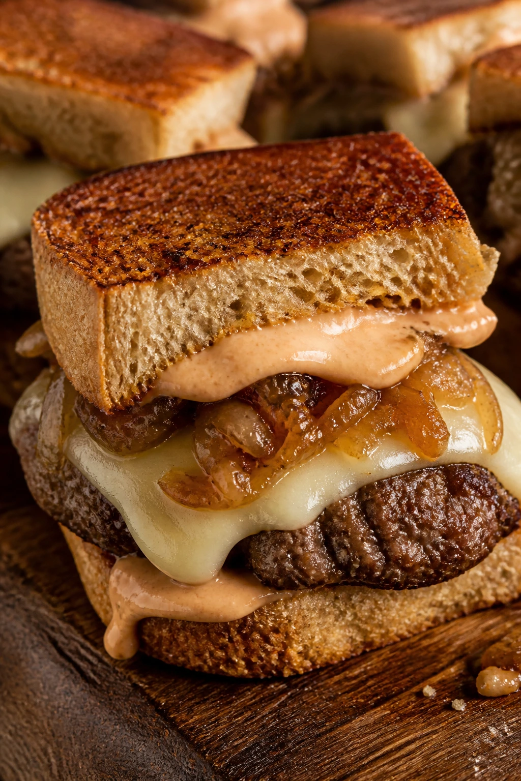 Close-up of a patty melt slider with onions and Swiss cheese on rye bun.