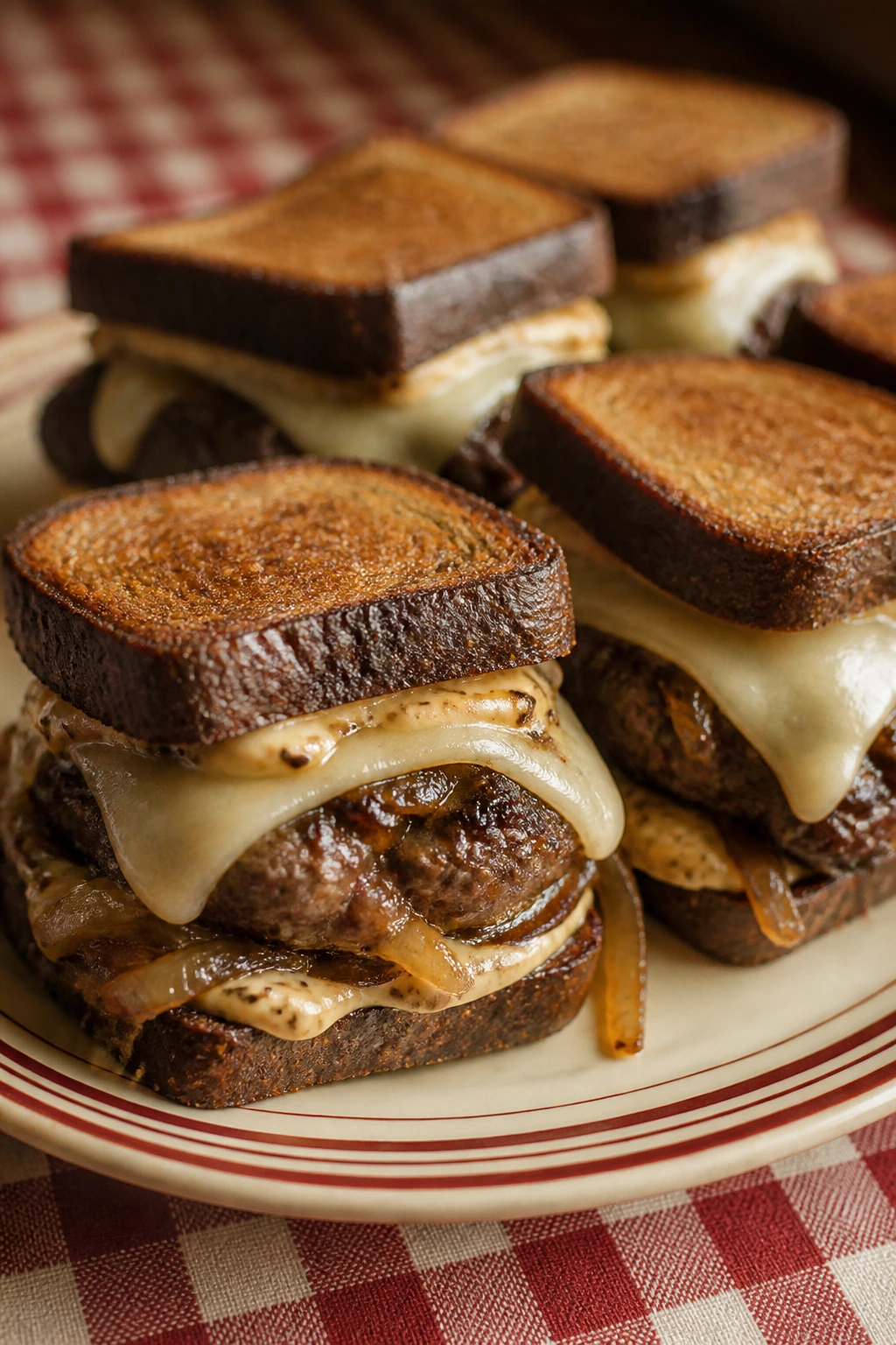 Close-up of Patty Melt Cheeseburger Sliders on rye buns with caramelized onions