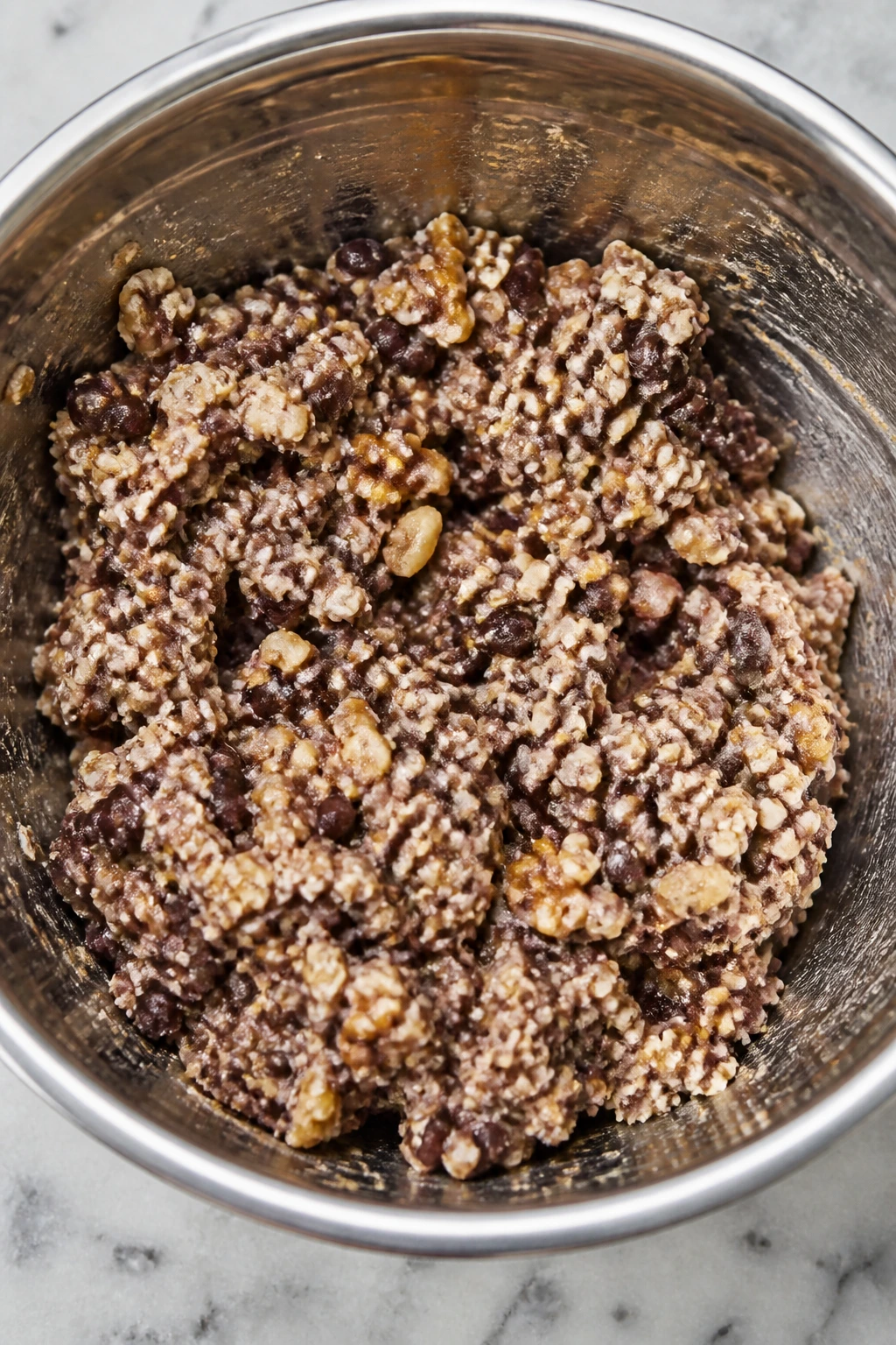Raw patty mixture in mixing bowl with beans oats and walnuts