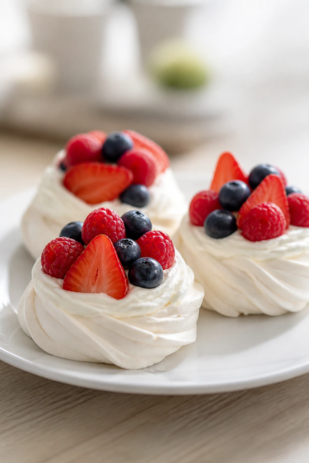Close-up of mini pavlovas with berries on a plate.