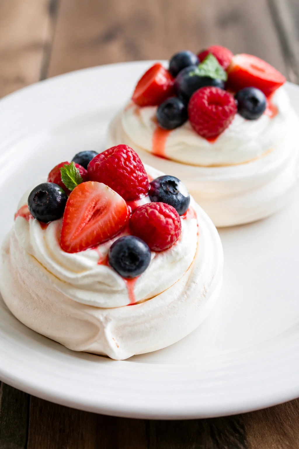 Close-up of mini pavlovas with cream and berries on a plate