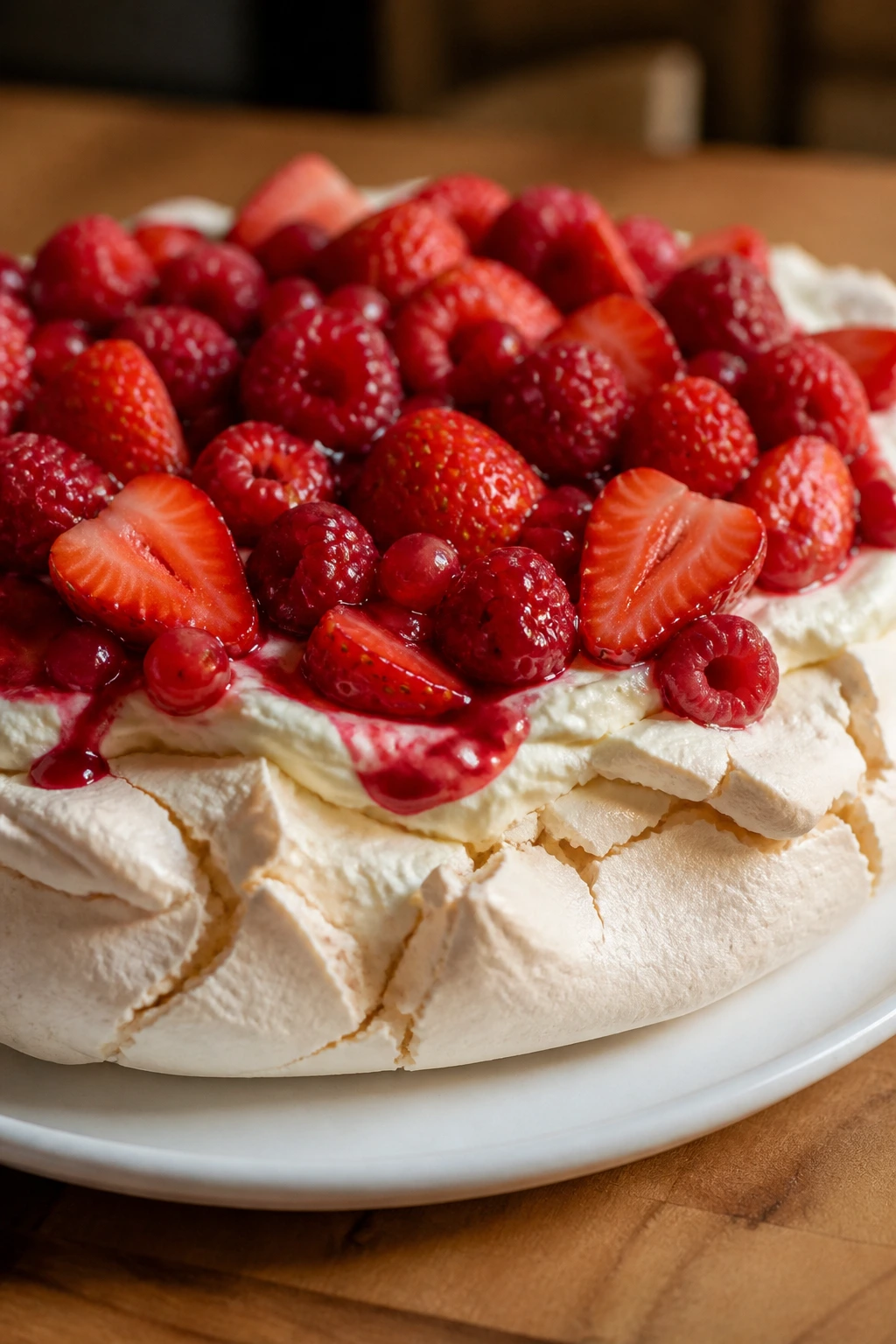 Pavlova with berries on white plate in warm kitchen