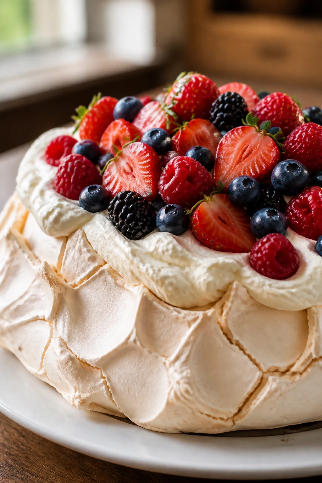 Close-up of Classic Pavlova with Berries on a plate in a warm kitchen