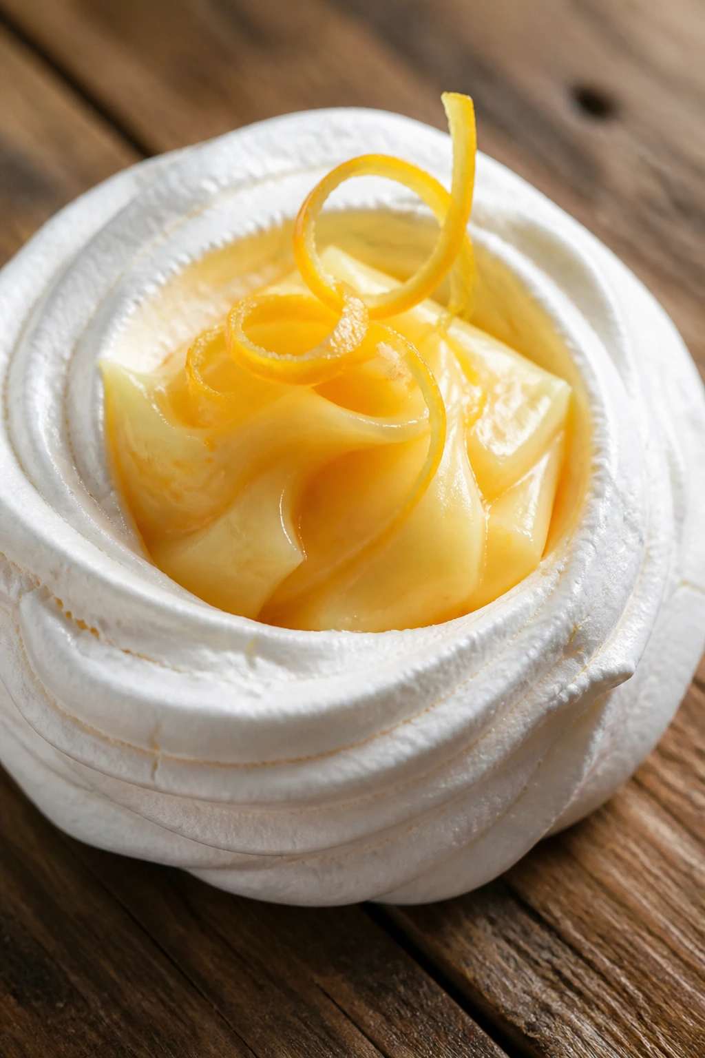 Close-up of a pavlova meringue nest with citrus cream on a rustic counter