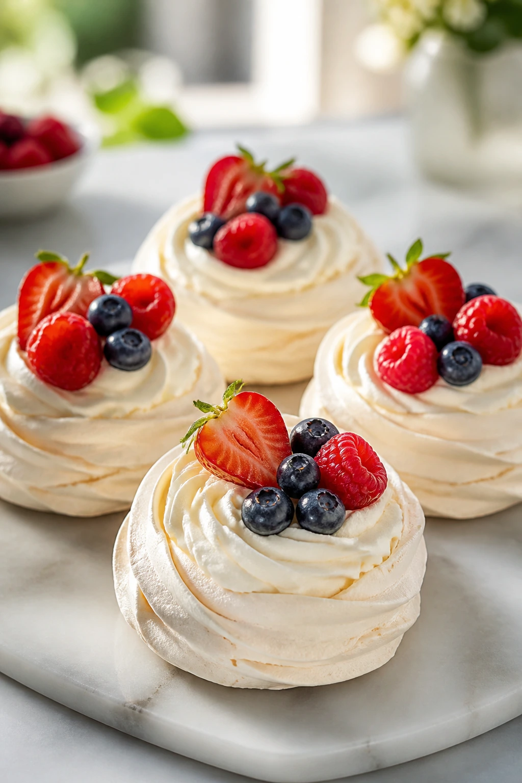Close-up of mini pavlova nests with berries on a marble board