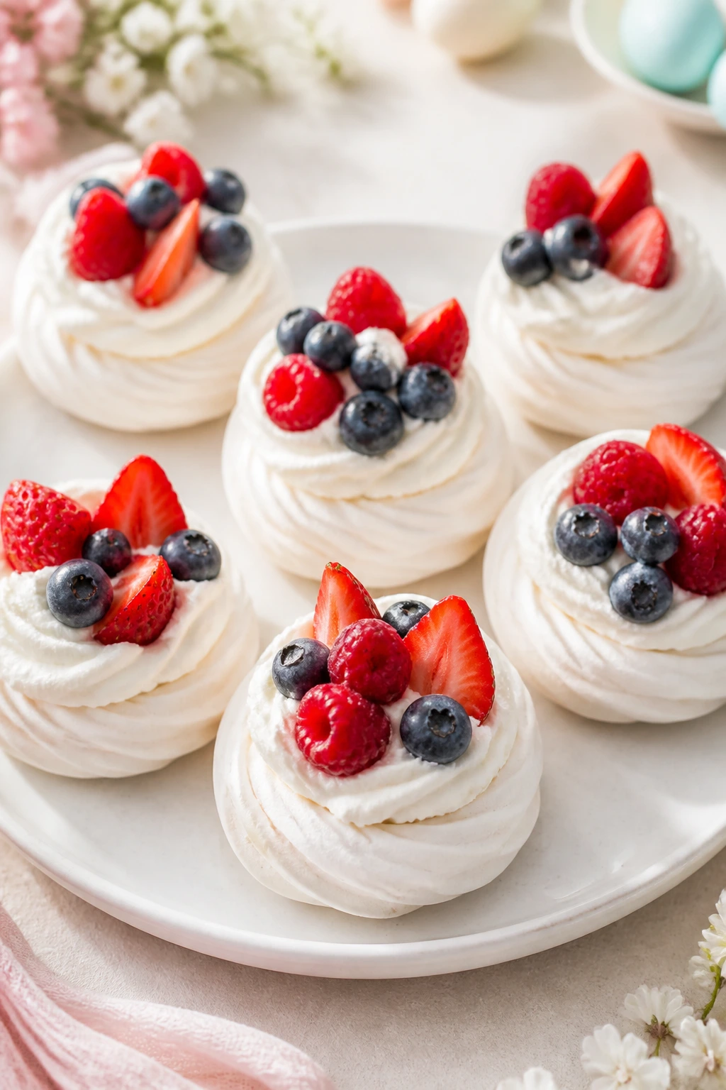 Pavlova nests with berries and whipped cream on a plate