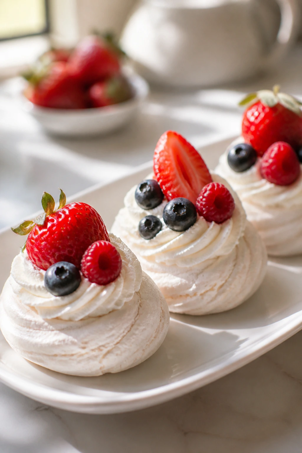Close-up of mini pavlovas with whipped cream and berries on a plate