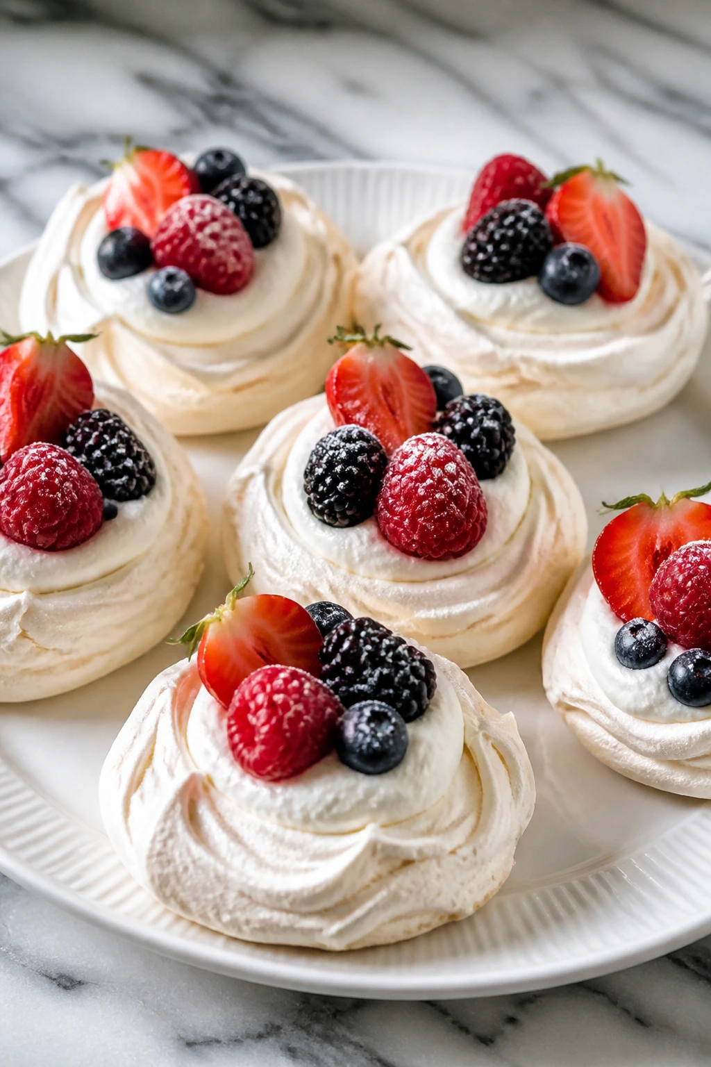 Close-up of six pavlova nests with whipped cream and berries on a plate