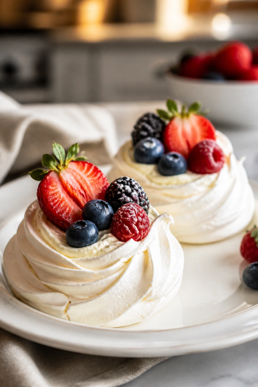 Two mini pavlovas with berries on a plate