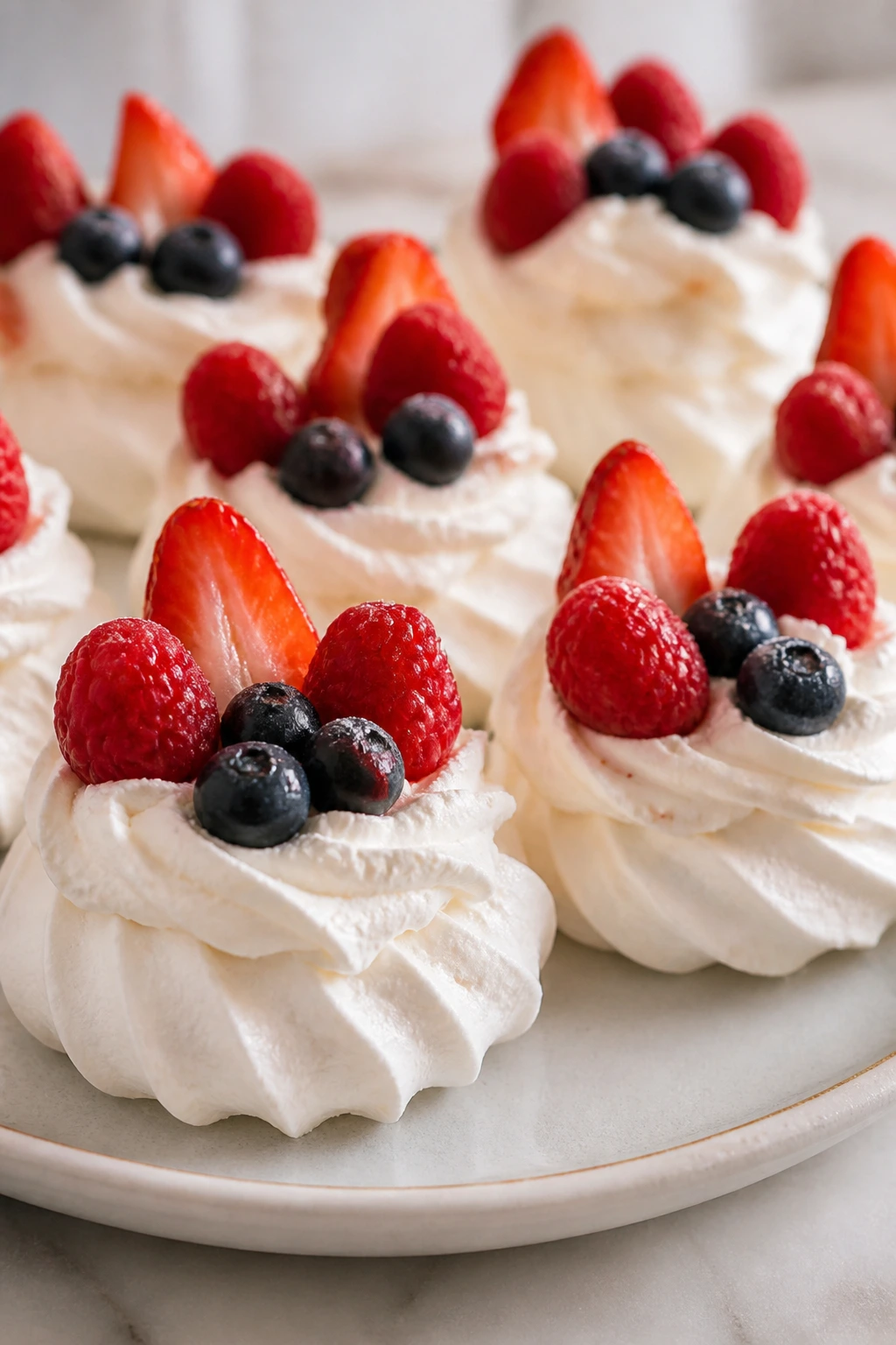 Mini pavlovas topped with whipped cream and berries on a plate