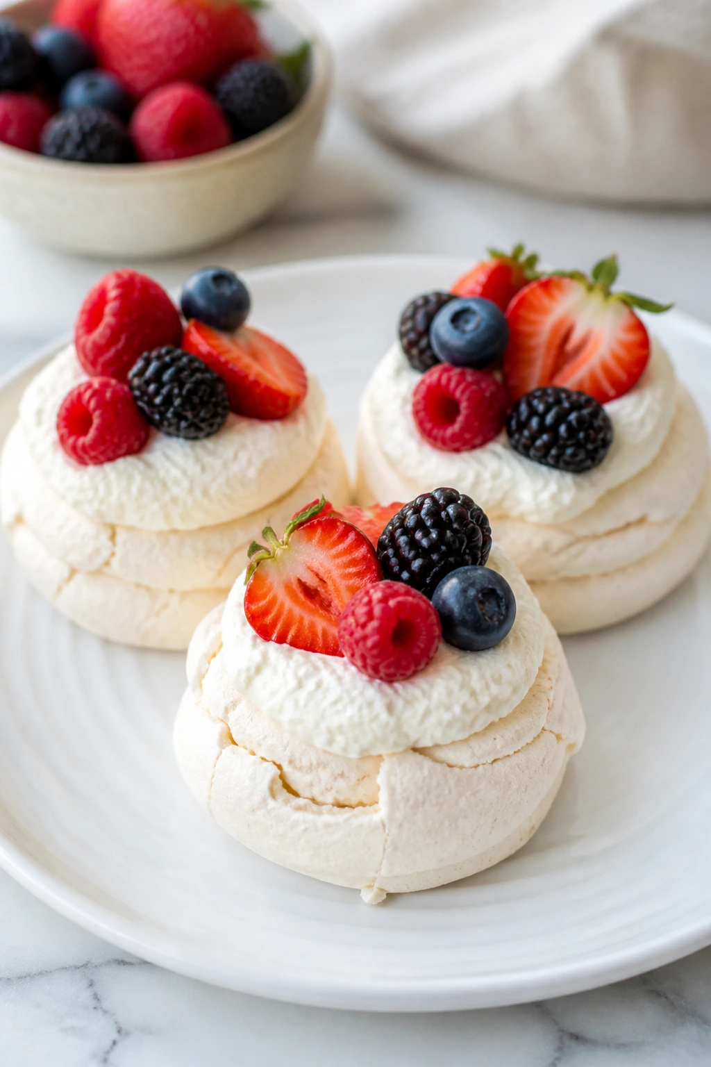 Three mini pavlovas with whipped cream and berries on a plate