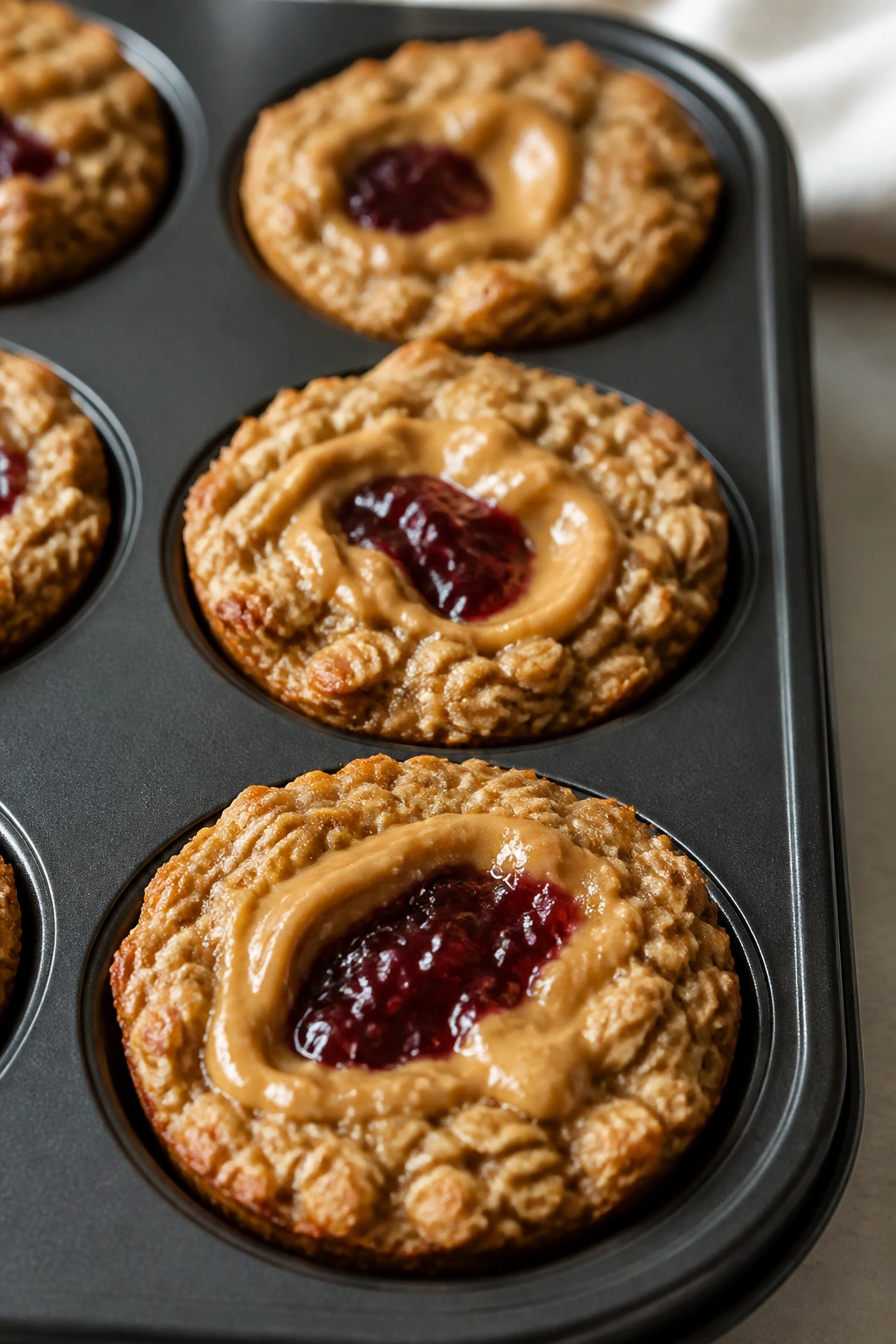 Close-up of baked oatmeal cups with peanut butter and jam