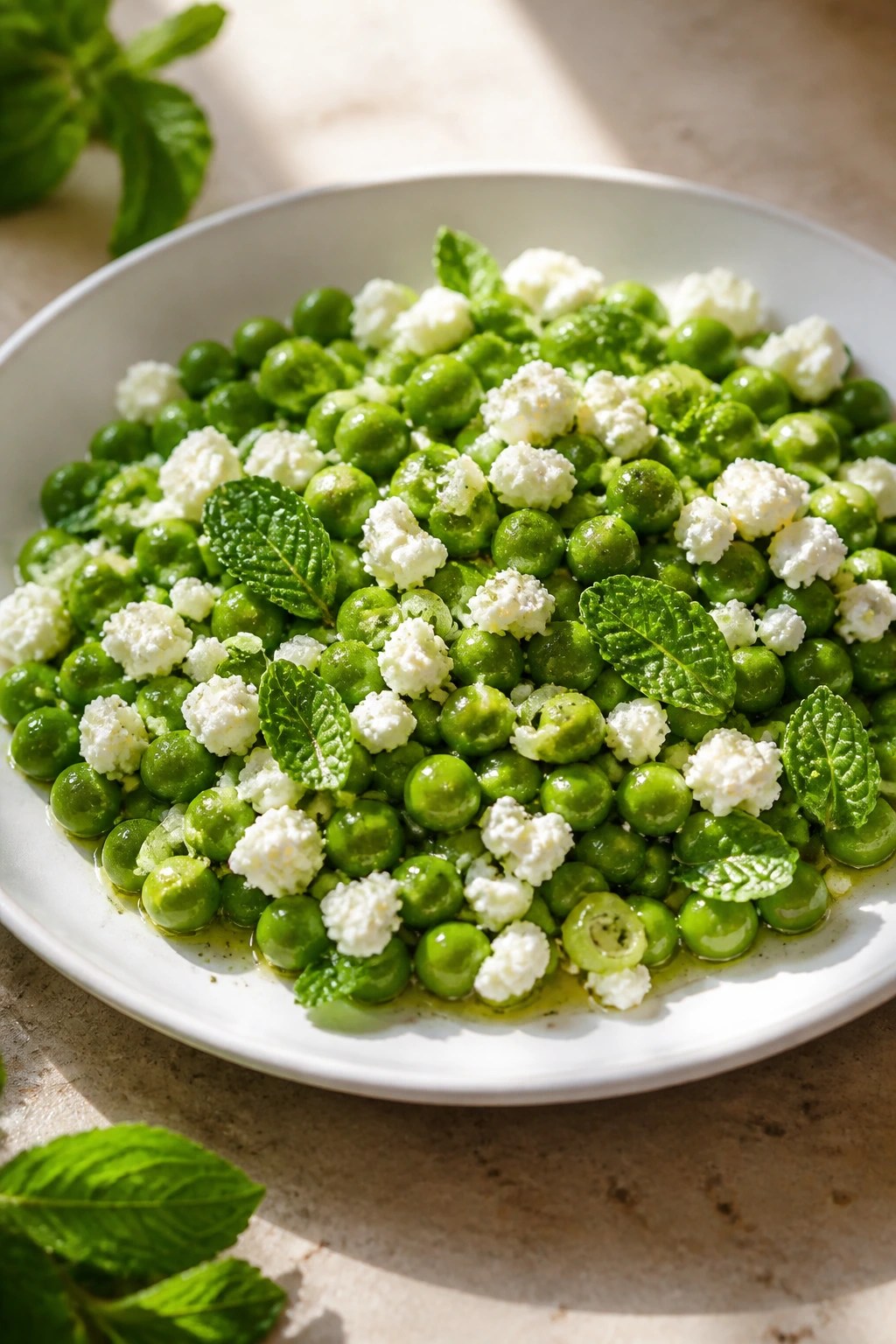 Close-up of Pea and Mint Salad with Feta on a plate in a sunlit kitchen
