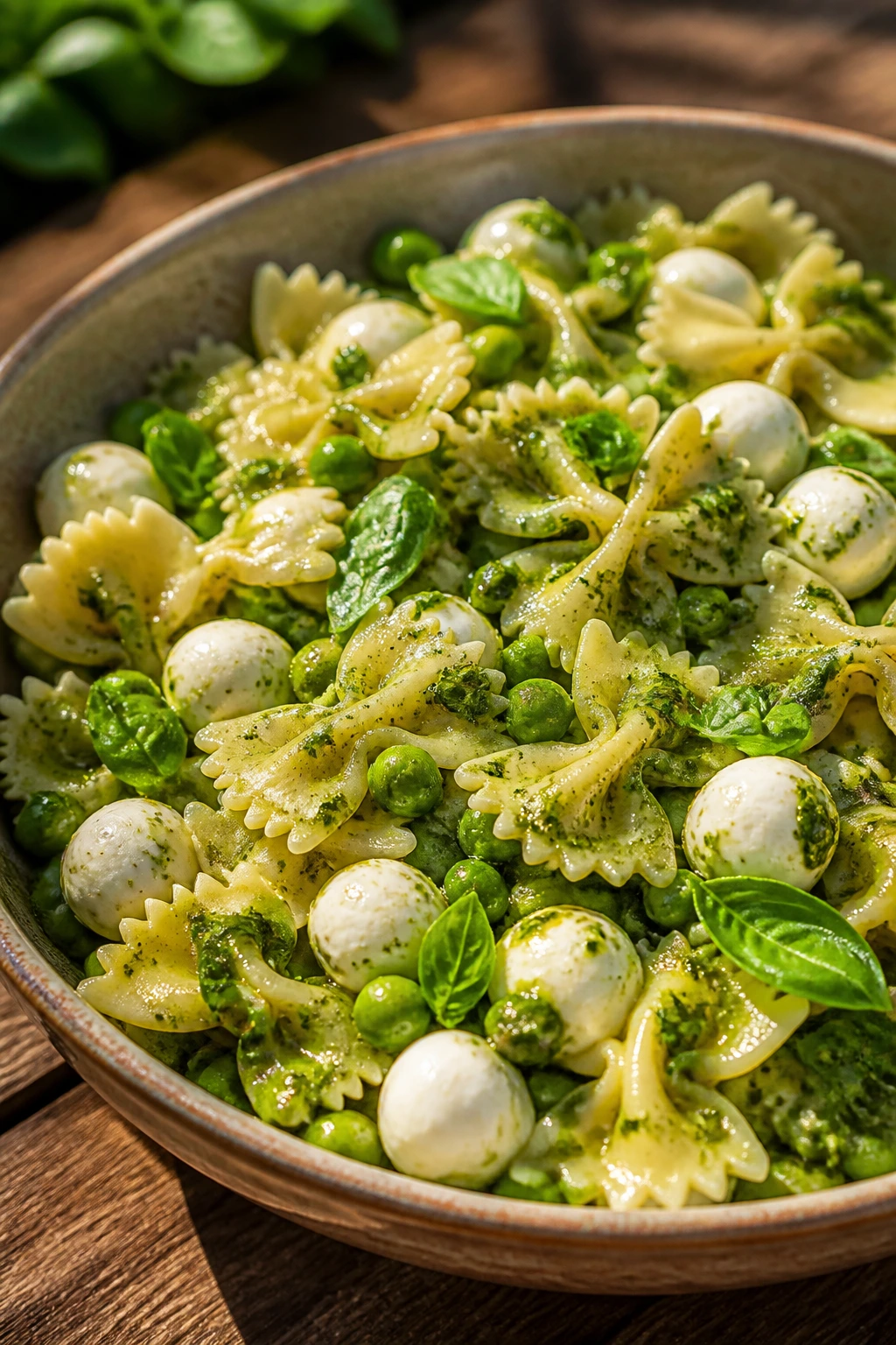 Close-up of Pea Pasta Salad with Basil and Mozzarella in a bowl with farfalle, peas, mozzarella pearls, and basil.
