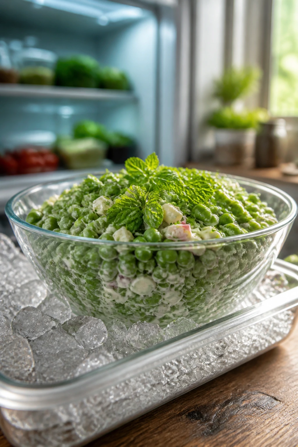 Close-up of a cold pea salad in a glass bowl on ice in a kitchen