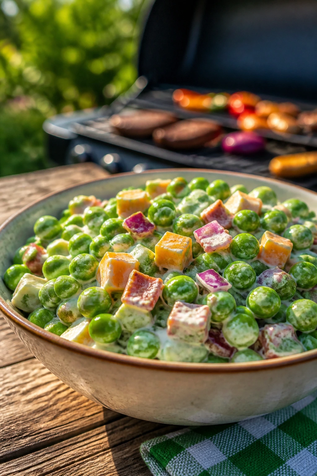 Bright pea salad on a rustic picnic table outdoors, showcasing green peas and creamy dressing