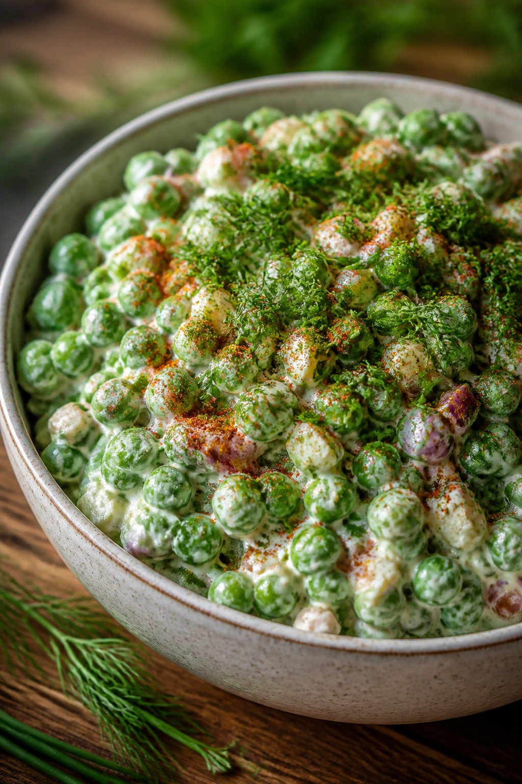 Pea salad with herbs and paprika topping