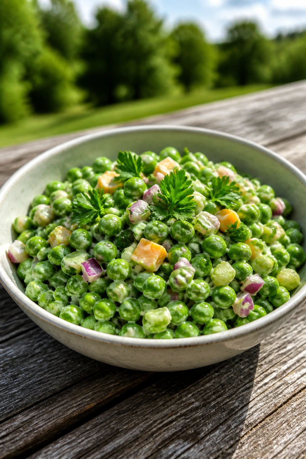Pea salad bowl on a sunny picnic table outdoors
