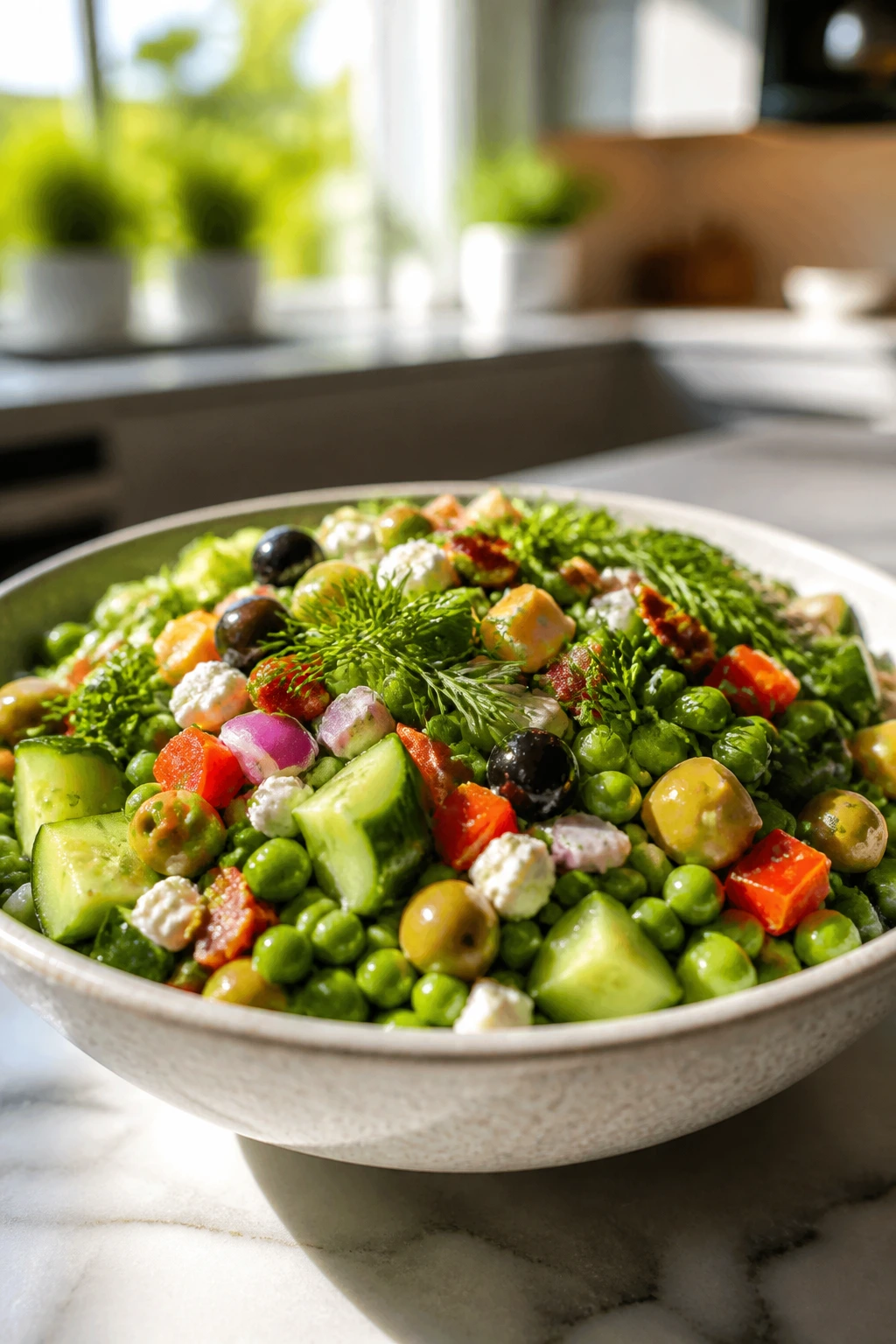 Close-up of a pea salad bowl with varied toppings in a bright kitchen