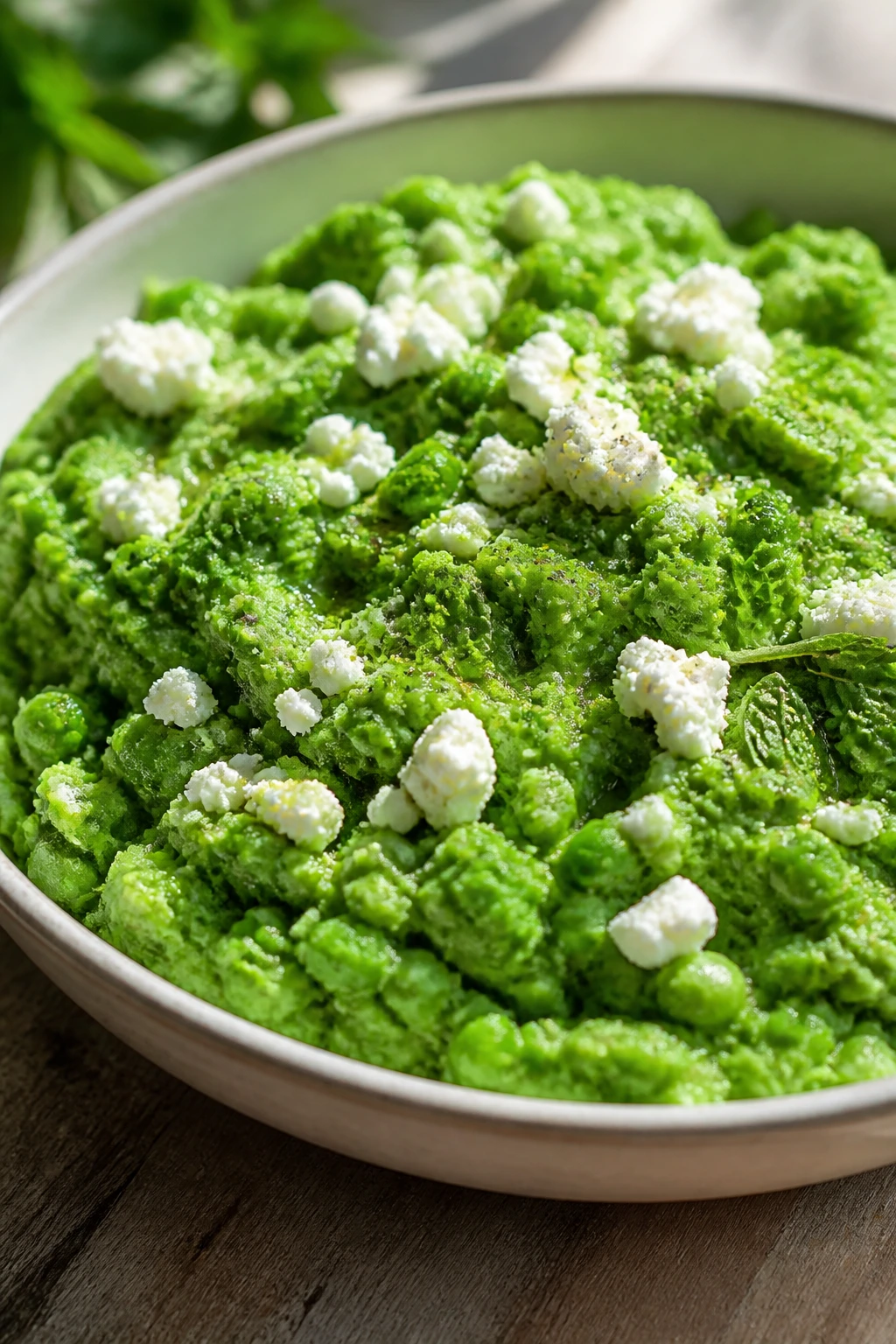 Bright green minted pea smash with feta crumbles on a bowl