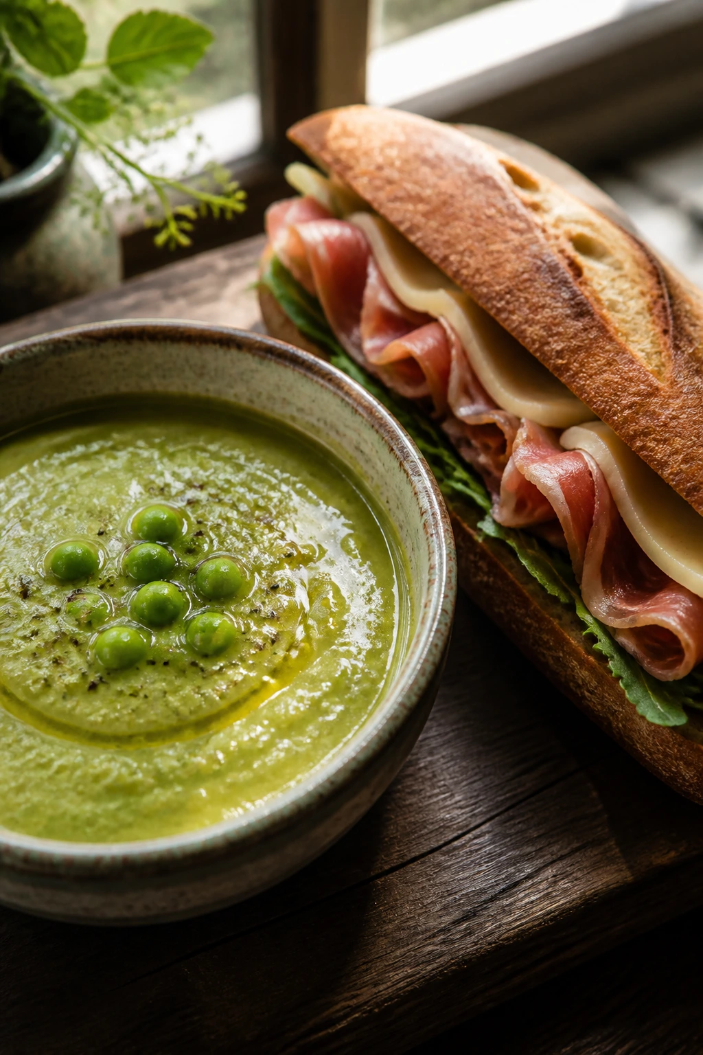 Bright green pea soup with a prosciutto provolone baguette on a rustic table