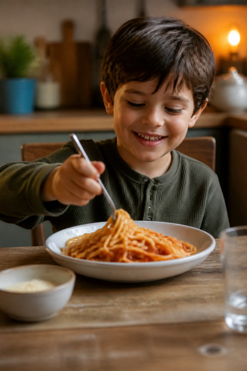 Smiling child enjoying a peaceful dinner with pasta