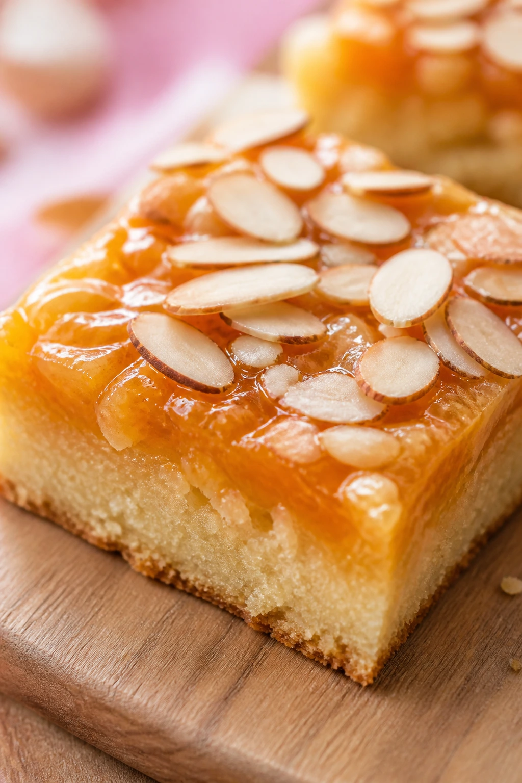 Close-up of a peach almond bar square with jammy peach layer and almond topping on a wooden board