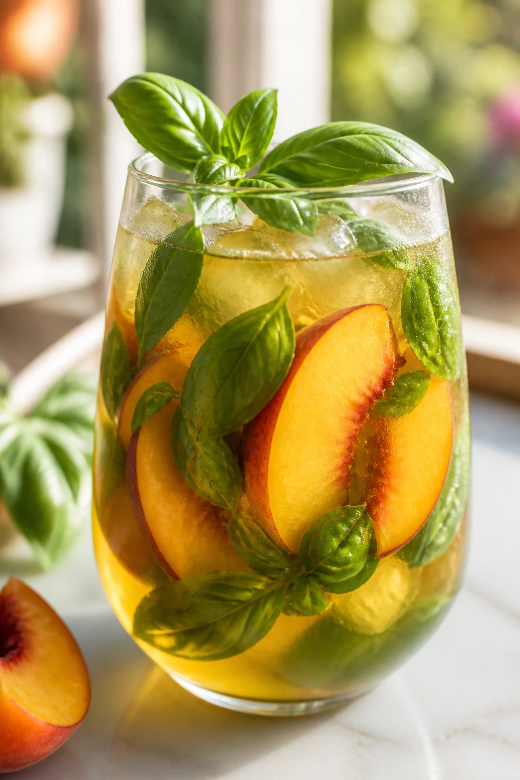 Glass of Peach Basil Green Tea with peach slices and basil leaves on a sunny surface