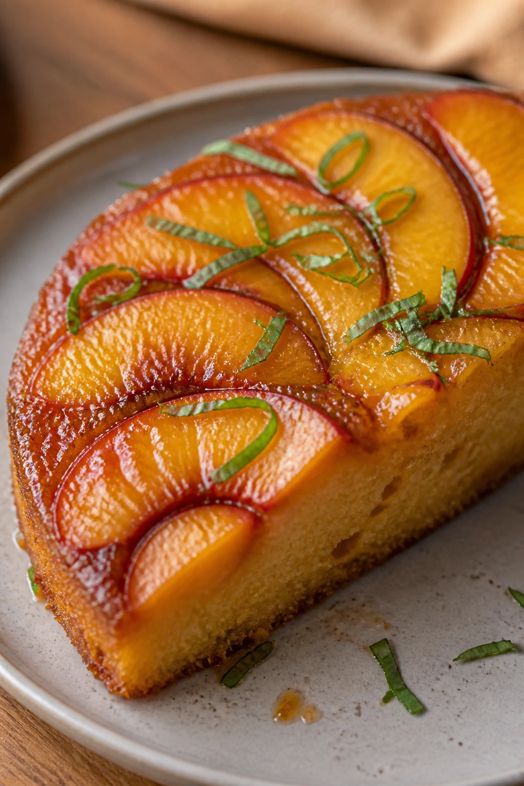 Upside-down peach cake slice with basil garnish
