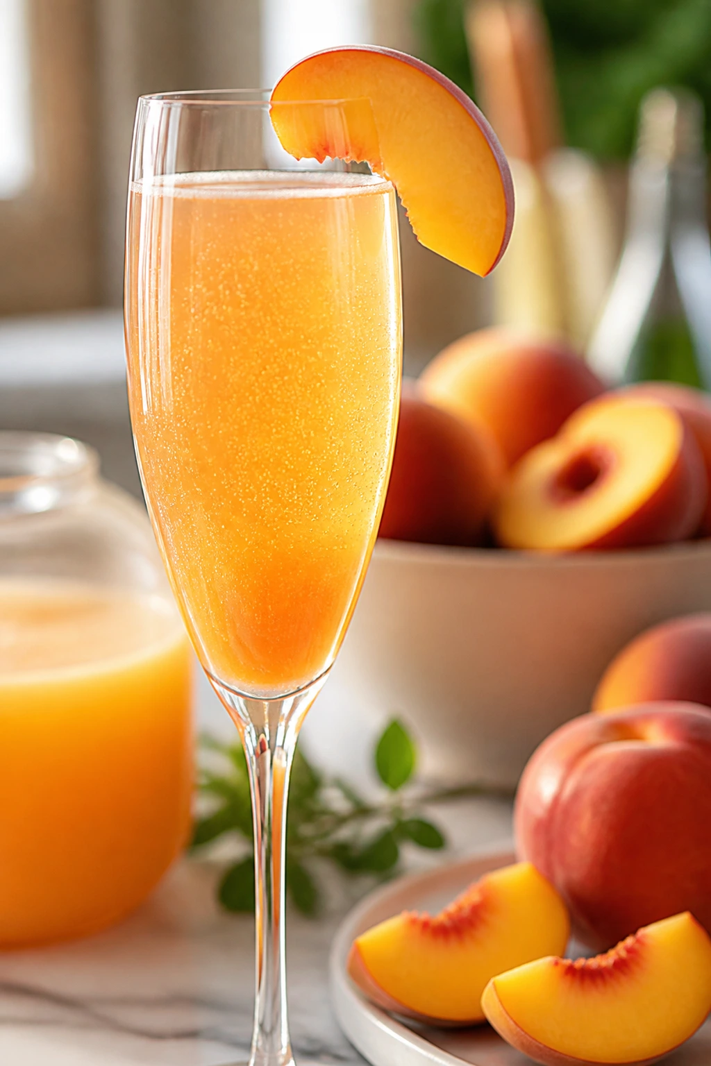 Peach Bellini in a flute with peach slice garnish